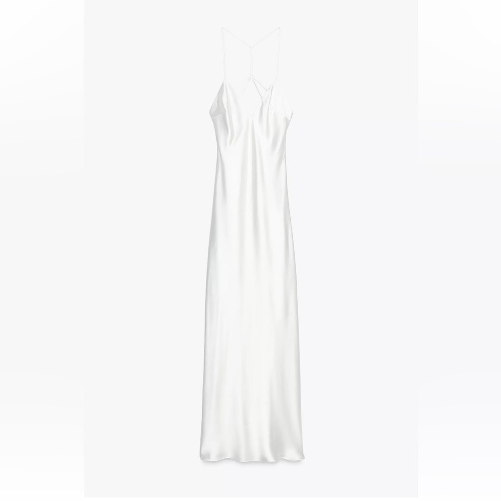 Satin midi dress; with strappy back NEVER WORN.
